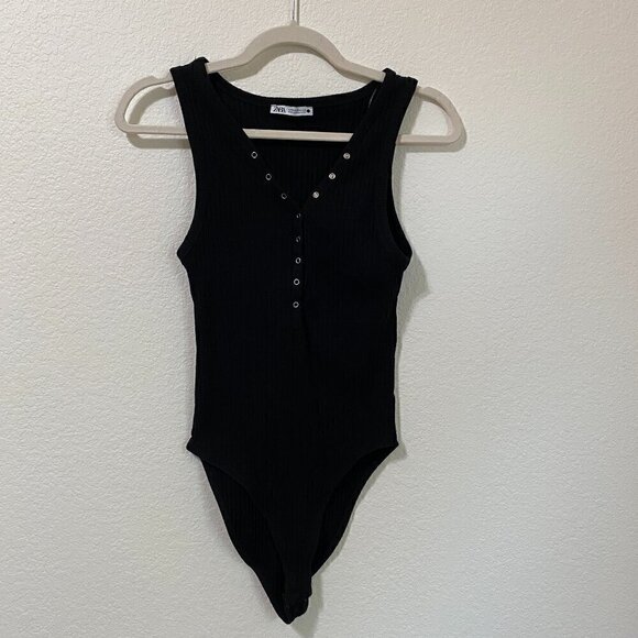 Zara Black Ribbed Snap Button Sleeveless V-Neck Women's Bodysuit Size Med - Picture 1 of 6